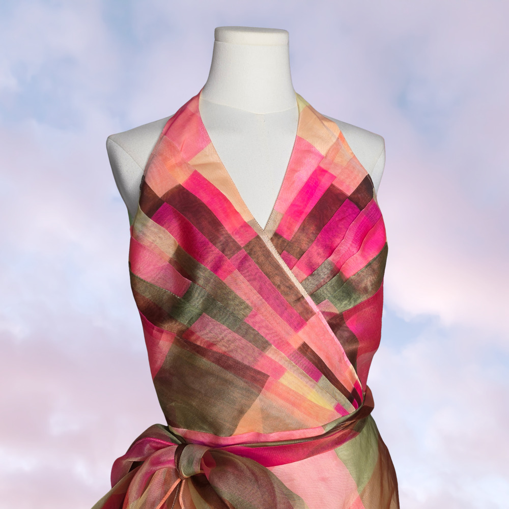 Chetta B Multicolor Geometric 100% Silk Halter Wrap Tie Waist Prom Dress Sz 14 - Picture 2 of 8